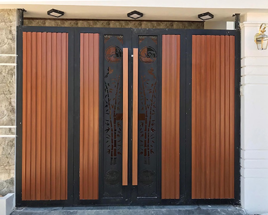 Cửa cổng thép CNC ốp gỗ