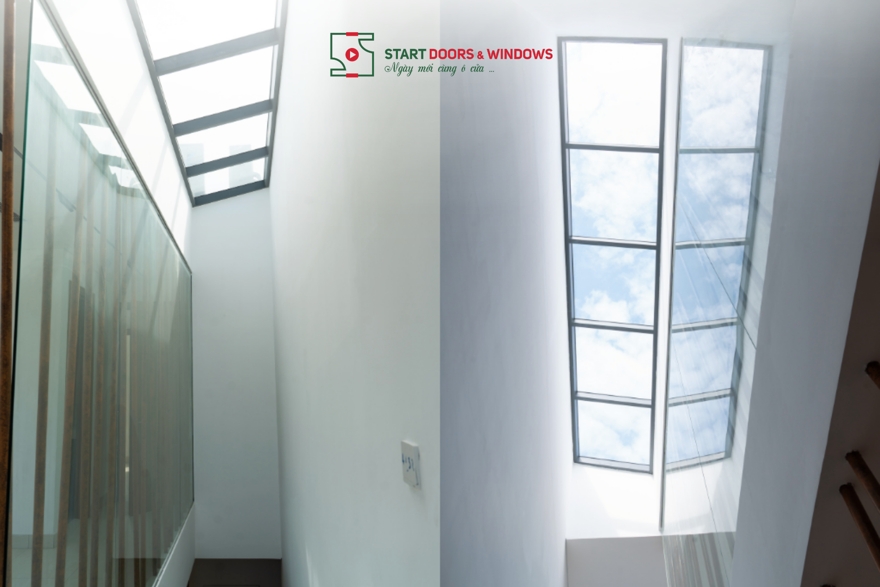 Mái kính giếng trời đưa ánh sáng xuống theo phương thẳng đứng, góp phần cải thiện độ sáng cho lõi nhà và tạo cảm giác thông thoáng cho các tầng bên trong.